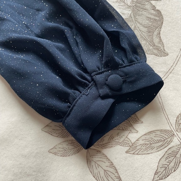 Y2K Navy Glitter Pintuck Babydoll Sheer Puff Sleeve Mini Dress 6 Hoco Prom Dance - Picture 2 of 9